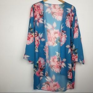 Blue Kimono with Pink Florals Flowing Big Sleeves